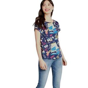 NEW ModCloth Delightful Demeanor Short Sleeve Linen Blend Blouse Size XXS Navy V